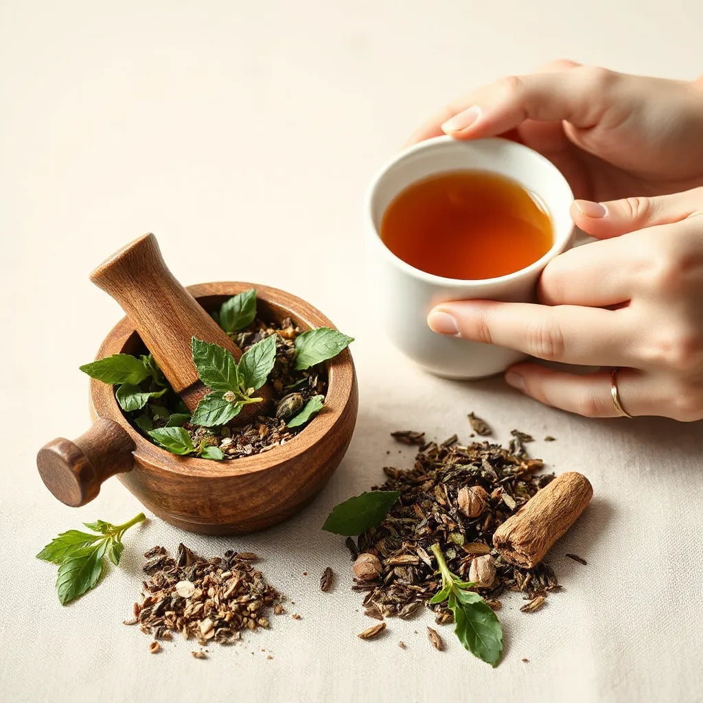 Herbs and mortar beside a warm cup, with hands gently holding a painful joint for natural comfort