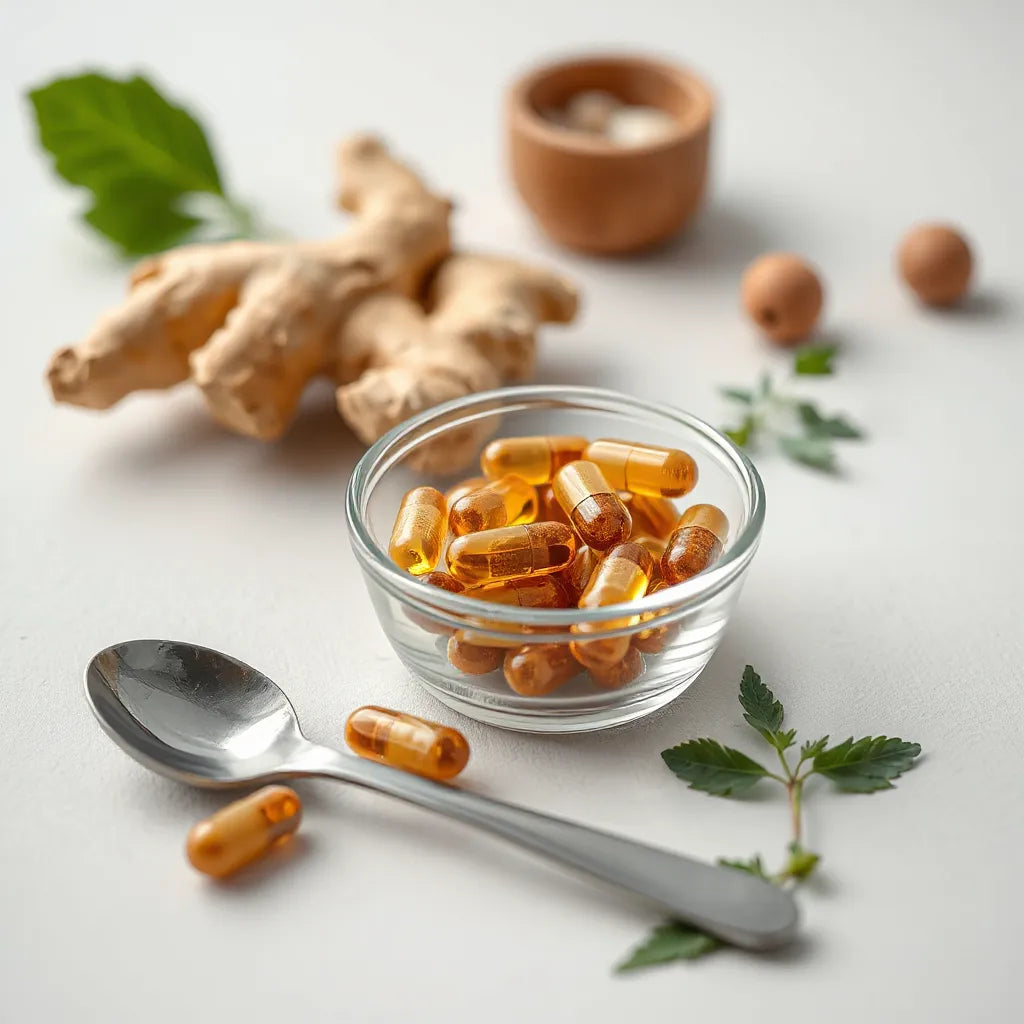 Capsules in a glass bowl with a measuring spoon and fresh herbs on a clean light background
