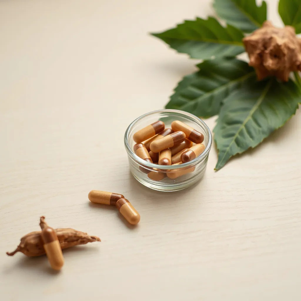 Maca root extract capsules with maca roots on a light wooden surface