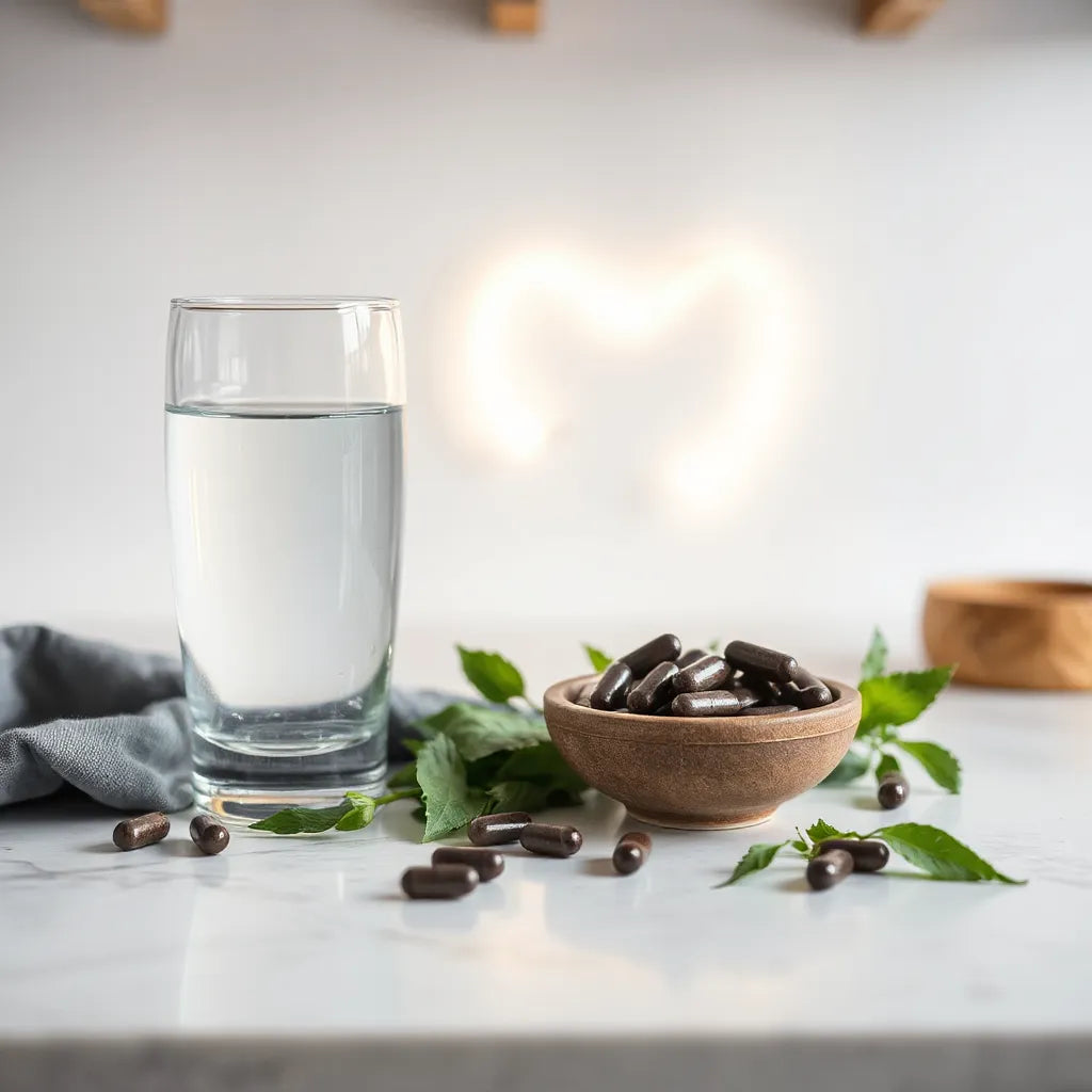 Dark herbal colon cleanse capsules beside a glass of water with fresh green leaves on a clean countertop