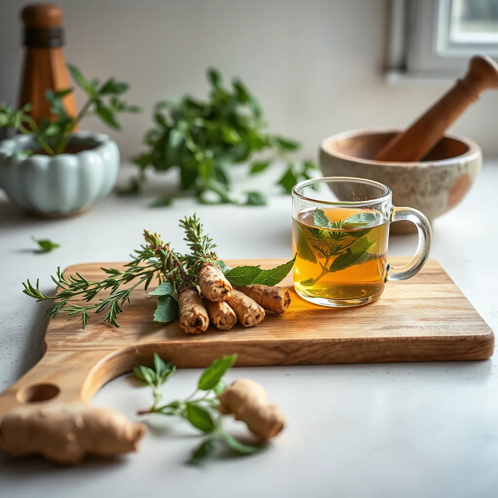 Fresh herbs and herbal tea on a wooden board for endurance-focused stamina support