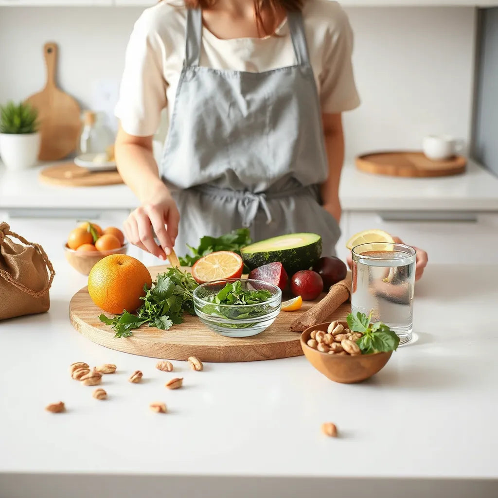 Fresh produce and greens arranged for a healthy breakfast in a bright, minimalist kitchen