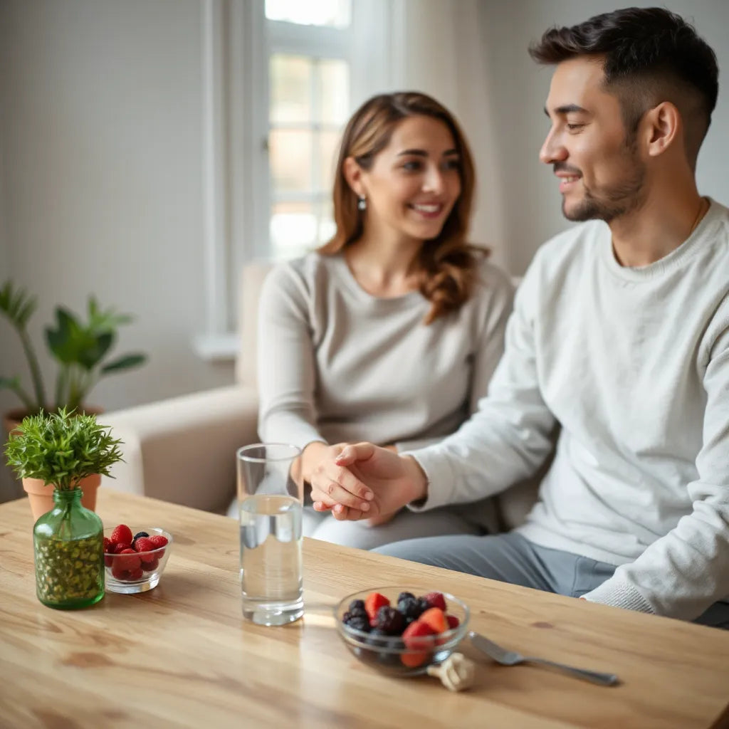 Couple holding hands at home with fresh berries and water on a table